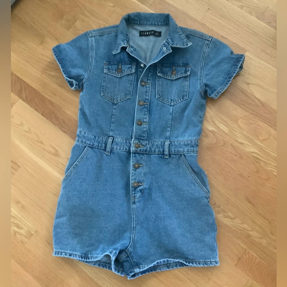 Lioness Washed Denim Short Sleeve Romper in Blue